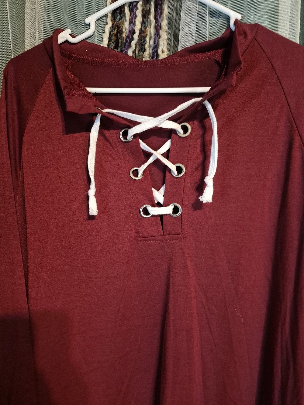 Women’s Lace-Up Tunic Sweater Dress - Burgundy - Picture 4 of 5